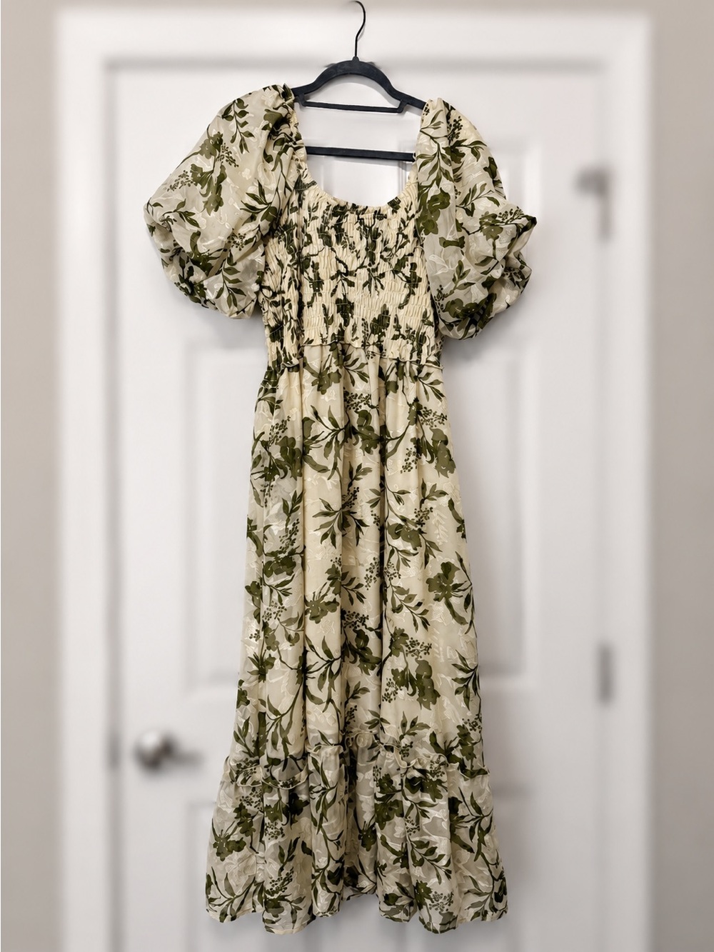 Mikarose Cream Midi Dress with Olive Green Floral Print
